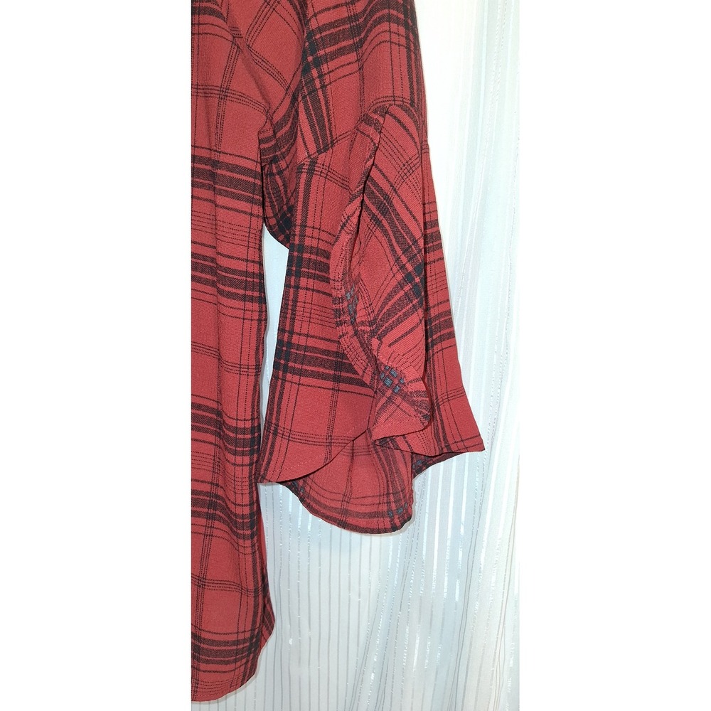Xhilaration Womens 1X Plaid‎ Bell Sleeve Tie Neck Blouse Red Black Shirt Top - Picture 3 of 6